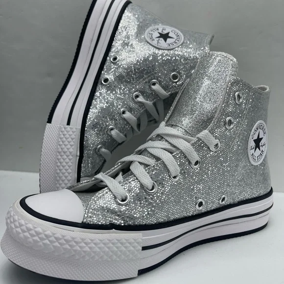 Converse CTAS EVA LIFT HI Chuck Taylor All Star High Top Sneakers Silver Glitter - Picture 16 of 16